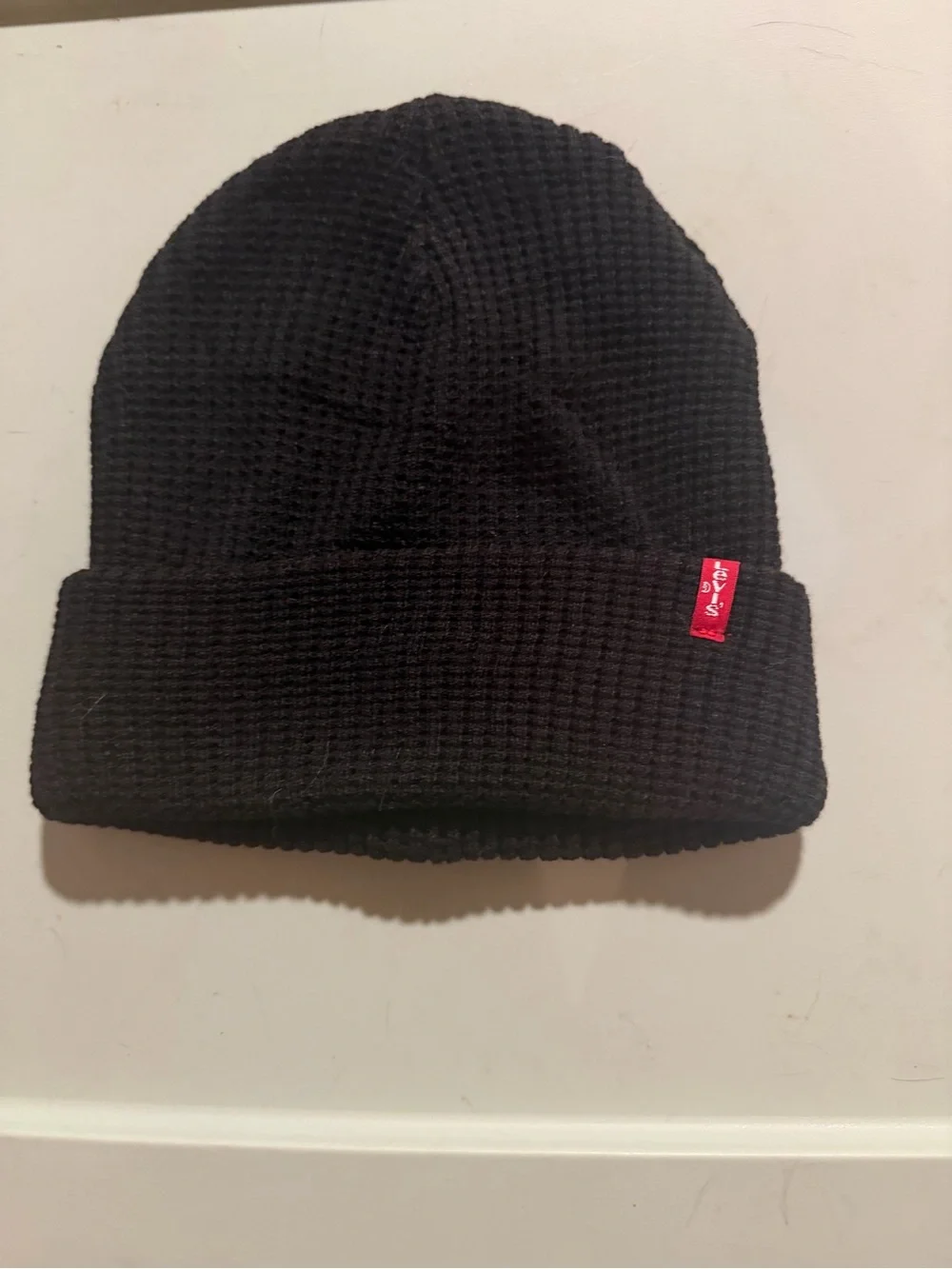 Levi’s Black Waffle Knit Beanie with Red Tag